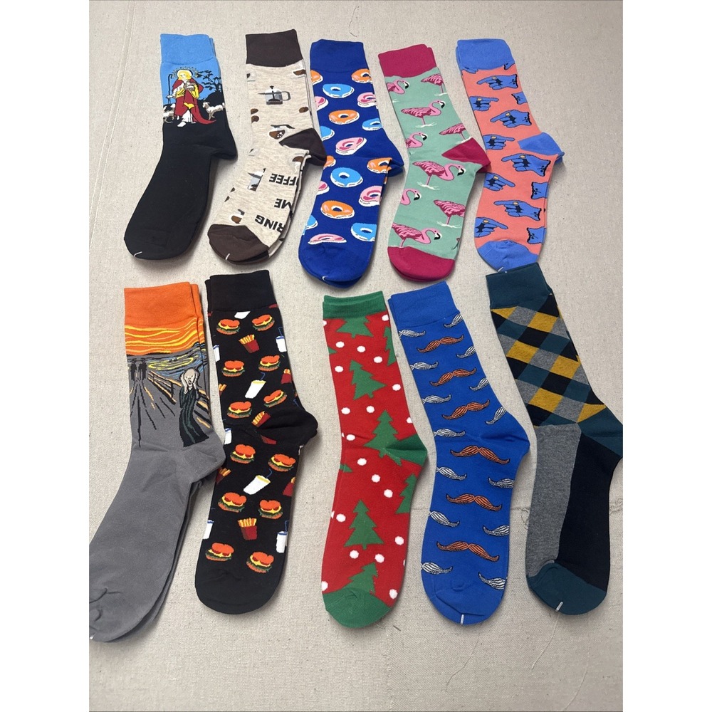 10 Pairs Men’s Novelty Crew Socks Colorful Mixed Designs US 9–12 New #mixed10